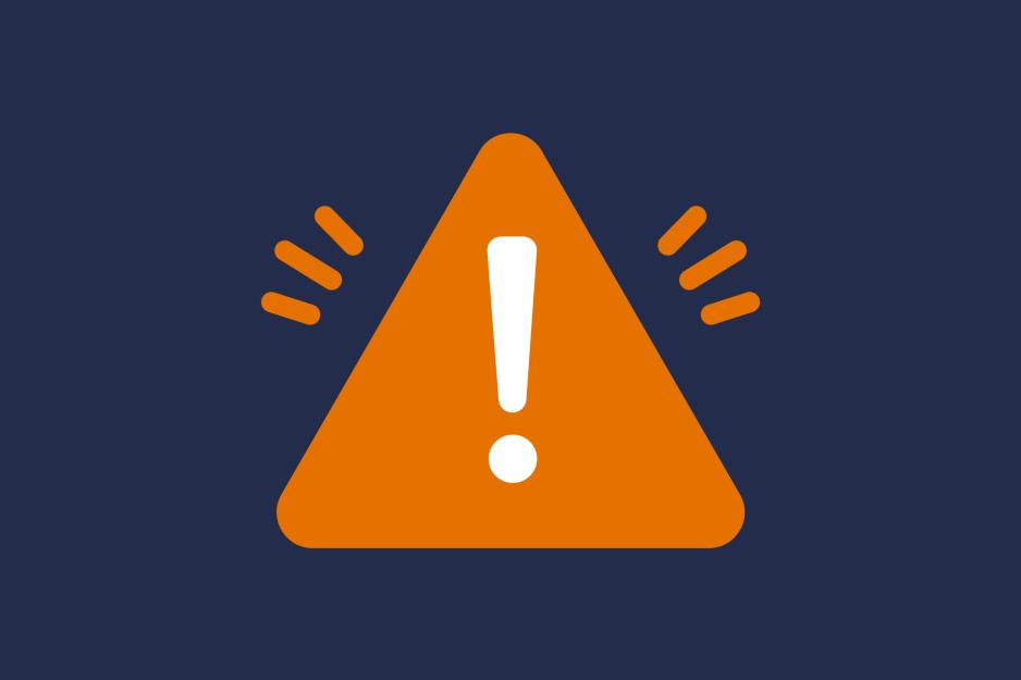An exclamation point on an orange alert sign over a blue background