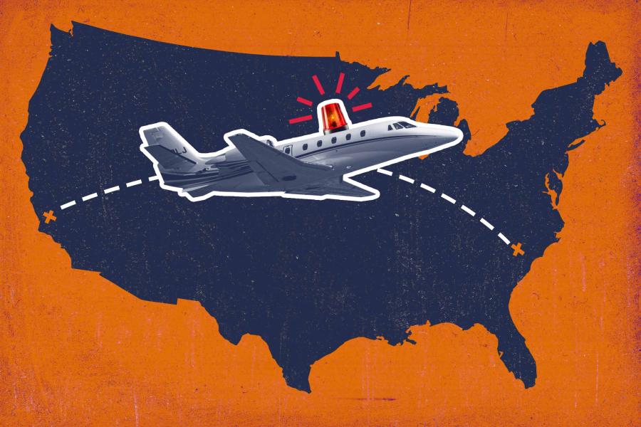 Graphic of the United States map with an airplane flying across it
